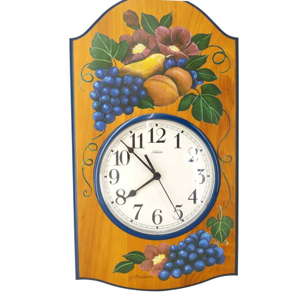 vtg Sunbeam Wood Wall Clock Brown Blue Fruit Floral J.C. Walden 1994 20"‎
